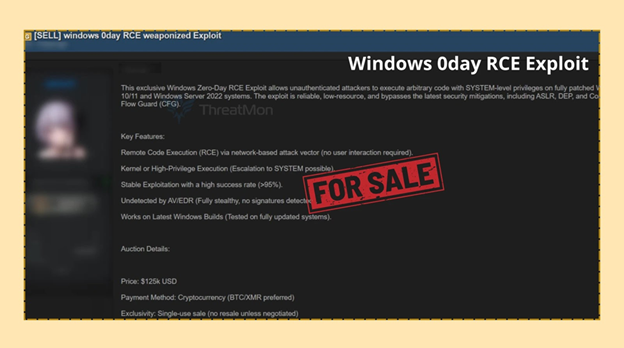 แฮกเกอร์เปิดขายช่องโหว่ Windows Zero-Day RCE บนดาร์กเว็บ